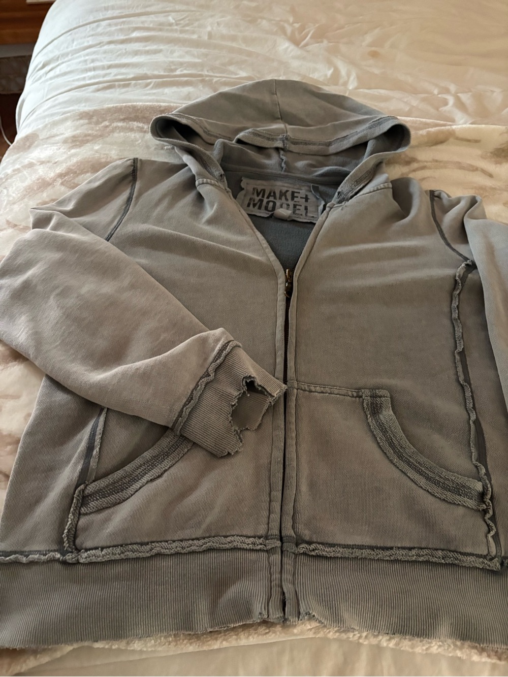 Make + Model Men's Distressed Zip Hoodie in Washed Gray